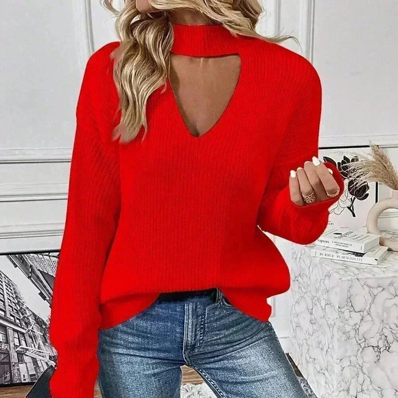 Red Casual Women's Choker Neck Drop Shoulder Sweater - Picture 4 of 6